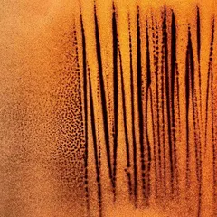 An untitled abstract work focusing on vertical lines and texture. The interplay between the fine, dotted sand and the stark black lines creates a sense of rhythm and depth.
