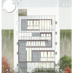 This version of the SCC complex elevation uses a lighter background to emphasize the building's form and the intricate pattern of its glass and solid panels. It showcases the versatility of the design concept.