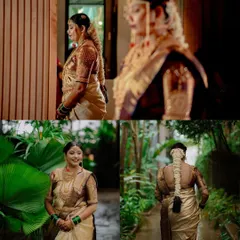 A collage of the bride getting ready, capturing her from different angles as she prepares for her big moment. The lush green background adds a touch of natural beauty.