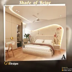 This bedroom design showcases a soothing beige color palette. The headboard is backed by a custom curved panel with floral wallpaper and integrated lighting, creating a soft, warm, and serene atmosphere perfect for relaxation.