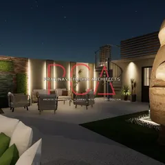This visualization highlights the sculptural elements of the terrace garden, including a large Moai-style statue and a spiral staircase. These features add a unique, artistic touch to the outdoor space.