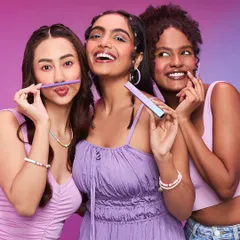 A fun and playful group shot for a beauty brand launch. The makeup looks are creative and colorful, featuring graphic liner and bright lips, demonstrating my skill in conceptual and editorial beauty.