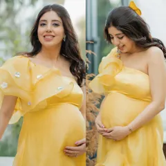 A diptych of the glowing mom-to-be. These portraits beautifully capture her maternal glow and the elegance of her yellow dress.