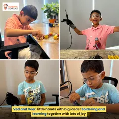Ved and Veer are focused on their soldering project, learning how to safely connect electronic components. We ensure students learn practical skills like soldering under careful guidance.