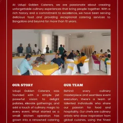 This brochure highlights our decade of experience in creating exceptional culinary experiences. It shows guests enjoying our catering service in a comfortable and well-organized event setting.