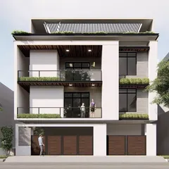 A render showcasing a multi-level residence with deep, recessed balconies. This design provides shaded outdoor spaces on each floor and uses a clean white frame to contrast with the darker interior walls, creating a sense of depth.
