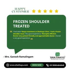 Frozen shoulder can be debilitating. Mrs. Ramalingam found relief through Nasya treatment at my clinic. Her experience highlights the efficiency of our therapists and the patient-friendly approach of our doctors in treating complex shoulder issues.