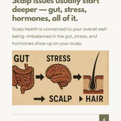 Scalp issues often start deeper. Your gut health, stress levels, and hormones are all connected, and any imbalance shows up directly on your scalp and hair.