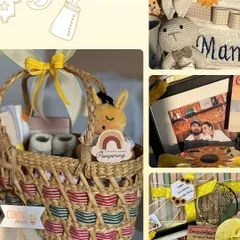 More details from the baby shower hamper, including a personalized photo frame and a cute woven basket filled with essentials.