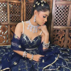 This glamorous look features a sparkling navy blue gown paired with a full American Diamond set, including a necklace, bracelets, and earrings.