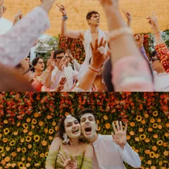 The fun and chaos of a Haldi ceremony, with the couple getting playfully covered in turmeric paste by their loved ones.