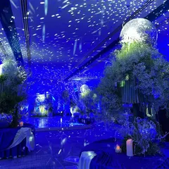 A glamorous 65th birthday celebration with a stunning blue and silver theme. The decor features disco balls nestled in arrangements of baby's breath, with twinkling blue lights creating a starry, magical effect throughout the venue.