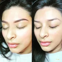A side-by-side comparison showing the client before and immediately after her eyebrow microblading session. The new shape lifts the eye area and provides a clean, polished frame for her face.