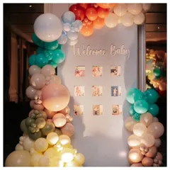 A "Welcome Baby" photo collage wall, framed by a vibrant, multi-colored balloon arch. This is a fantastic way to display your favorite pictures for all your guests to see and enjoy.