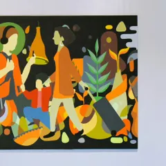 A close-up of the finished canvas for the Bangalore Airport's 15th Anniversary. This piece is a collage of stories, celebrating the journey of the airport, its passengers, and the dedicated employees who make it all happen.