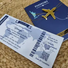 My passport and boarding pass style invitations are perfect for a travel-themed housewarming, complete with a "check-in" time and a QR code for the location.