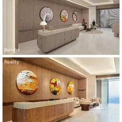 This render-to-reality view of a reception desk shows our meticulous process. The final space captures the warmth of the wood paneling, the elegance of the curved stone desk, and the vibrant energy of the circular art pieces, exactly as envisioned.