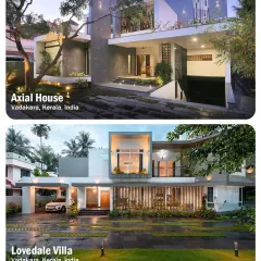 A comparison of two modern villas in Kerala, Axial House and Lovedale Villa. Both feature strong geometric forms, mixed materials like stone and concrete, and integrated car porches, showcasing my versatile design language.
