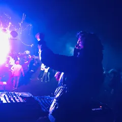 Our DJ gets the crowd going at a lakeside music event. The combination of great music, an outdoor setting, and a lively crowd creates an unbeatable party atmosphere.