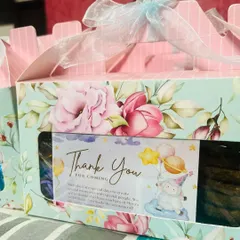 A close-up of the custom "Thank You" sticker I designed for these baby shower favors. Personalizing the message makes the gesture more meaningful for your guests.