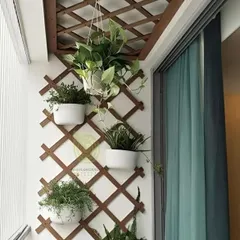 A simple yet effective way to add greenery and privacy is with a wooden lattice trellis. Here, we've used it as a framework for wall-mounted and hanging planters, creating a multi-level garden in a compact balcony.