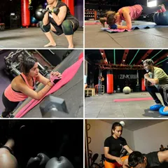 A glimpse into the variety of training at Zink. This collage features clients doing everything from kettlebell squats and resistance band work to boxing and personal coaching.