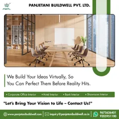 We build your ideas virtually so you can perfect them before reality hits. This image shows a 3D render of a clean, modern conference room, illustrating how we help clients finalize design choices for corporate, hotel, or showroom interiors.