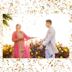 A creative frame of golden confetti surrounds their joyful interaction. It’s a snapshot of laughter and celebration, a memory preserved in gold.
