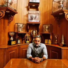 Seated in front of the 'wall of fame' at my office. These trophies and awards represent years of hard work, dedication, and successful outcomes achieved for my clients.