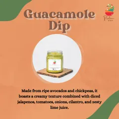 Our Guacamole Dip is made from ripe avocados and chickpeas, boasting a creamy texture combined with diced jalapeños, tomatoes, onions, cilantro, and zesty lime juice.