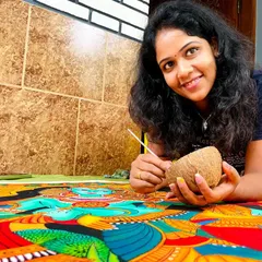 A closer look at my process for the Radha Krishna mural. I often use a simple coconut shell as my paint palette, a little touch that keeps me connected to my roots while I work on these detailed spiritual paintings.