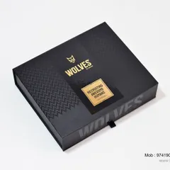 The unboxing experience matters. For the "Wolves" welcome kit, we designed a premium black magnetic box with gold foil branding that reads "Recruiting Awesome Humans," setting a high-end tone before the gifts are even revealed.