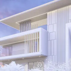 A detailed clay render of the upper floors. This type of visualization is crucial for making design decisions about balconies, louvers, and roof overhangs.