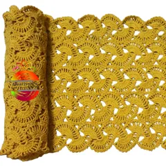 The lacy stole in a warm mustard yellow. This color is perfect for adding a pop of brightness to your outfit.