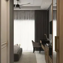 A glimpse into the hotel room from the doorway, showing the planned layout and flow.