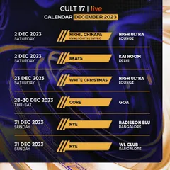 The December 2023 calendar, featuring events in Delhi, Goa, and Bangalore. This demonstrates our nationwide presence and our ability to manage multiple large-scale events simultaneously.