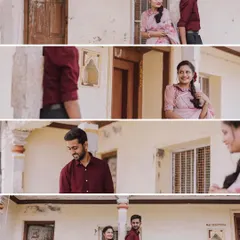 A collage of a couple's vintage-themed pre-wedding shoot, capturing their playful and romantic interactions in a rustic setting.
