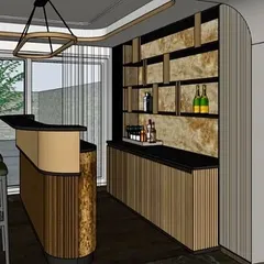 A 3D visualization of a bespoke bar area within a neoclassic villa. This render allows the client to see the planned integration of fluted wood, a marble backsplash, and custom shelving before construction begins.