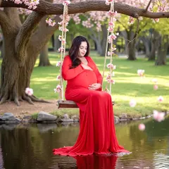 A serene and artistic outdoor-style maternity photo. The mom-to-be is seated on a floral swing over calm water, wearing a flowing red gown, creating a peaceful and beautiful portrait.
