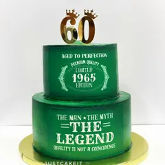 A two-tier cake for a 65th birthday with a "Man, Myth, Legend" theme. This is a zero-fondant design, using stenciling on a deep green buttercream finish.