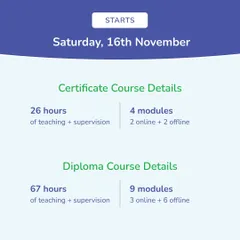 This graphic provides details on our Neuro-Dramatic-Play courses, including the hours and modules for both the Certificate and Diploma options. The program starts on November 16th.