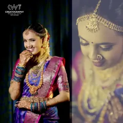 A creative collage combining a playful bridal portrait with a more artistic, soft-focus shot.