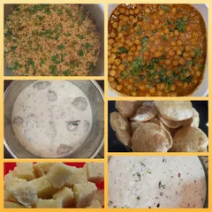 This customized lunch was for a small friends' meet-up. The menu featured a mix of favorites like puri with chana masala, dahi vada, vangibhath, and homemade coconut barfi for dessert.