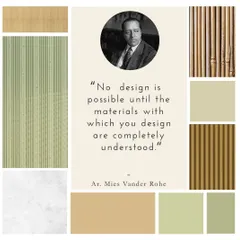 Understanding materials is the foundation of good design. I carefully select every element for its longevity, function, and affordability, ensuring it fits the overall theme. This mood board shows the natural textures of bamboo and earth tones that I love to work with.