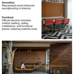 We explore ways to give waste wood a second life. This collage shows how repurposed wood can be used for acoustic paneling in a bar or for outdoor seating, reducing costs and creating purposeful design.