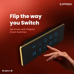 Flip the way you switch with my elegant smart switches. This touch panel shows controls for curtains, lights, and fan speed, all integrated into one stylish, gold-trimmed unit that operates on Zigbee and Wi-Fi.
