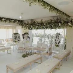 For this 'Ghar ki shaadi', we filled the home with love, warmth, and layers of detail. The decor featured a marriage of mogras and tulips with cascading pearls, reflecting a couple that is modern yet deeply connected to their roots.
