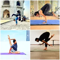A collage showing practice in different settings. From a handstand in front of a historic monument to advanced asanas in the studio, every location offers a unique energy to the practice.