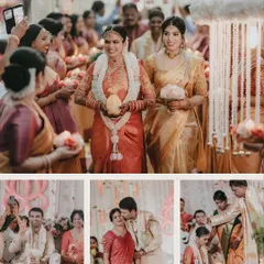 This collage captures the heart of a South Indian ceremony. It shows the bride's grand entrance, tender moments between the couple, and key rituals, painting a complete picture of their sacred union.