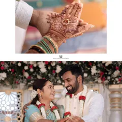 Key moments from the engagement ceremony. The top photo is a detail shot of the ring in the bride's mehandi-adorned hand, while the bottom shows the couple's happy interaction.